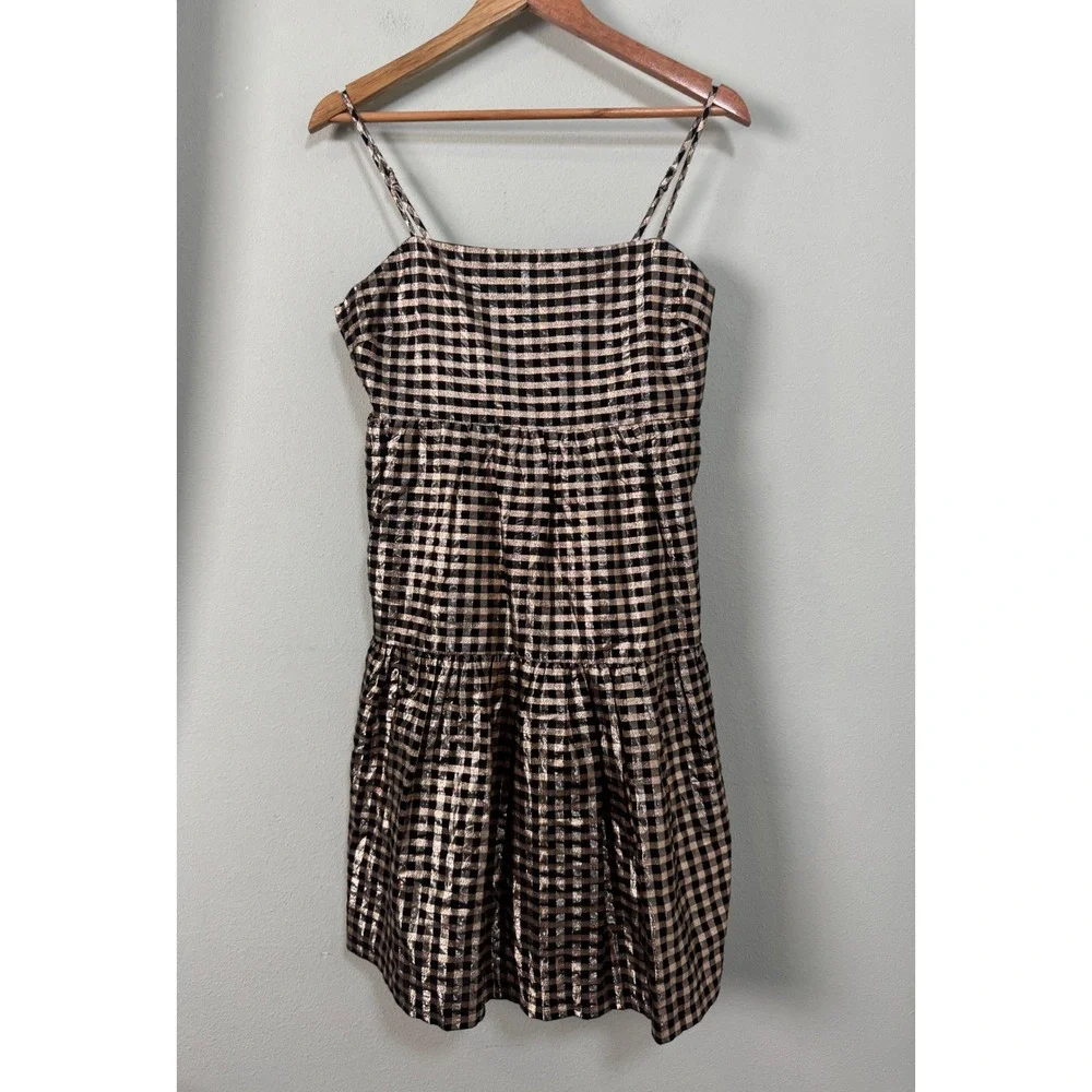 J.Crew Lurex Black & Gold Metallic Gingham Tiered Mini Dress BM072‎ Size 6 NEW